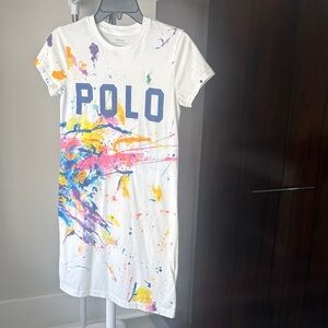 Polo by Ralph Lauren White Tee Dress with Multicolor Paint-Splash